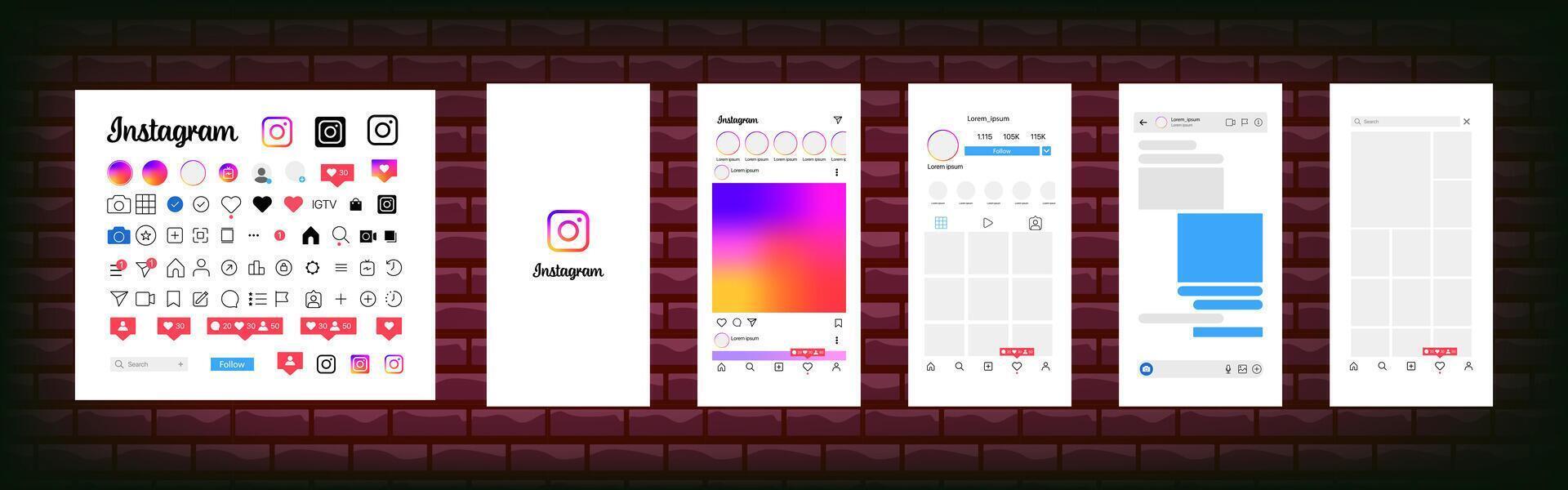 Instagram design. Set instagram screen social media and social network interface template. Instagram photo frame. Stories, liked, stream. Editorial vector. vector