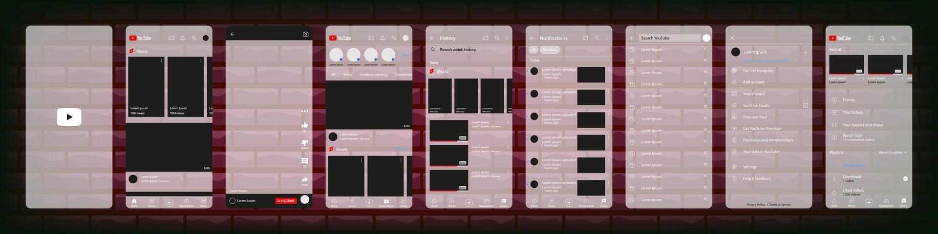 YouTube mobile interface. You Tube screen social media, video hosting interface template. Homepage, logo, recommendations, subscription, profile. Glassmorphism. Editorial illustration vector