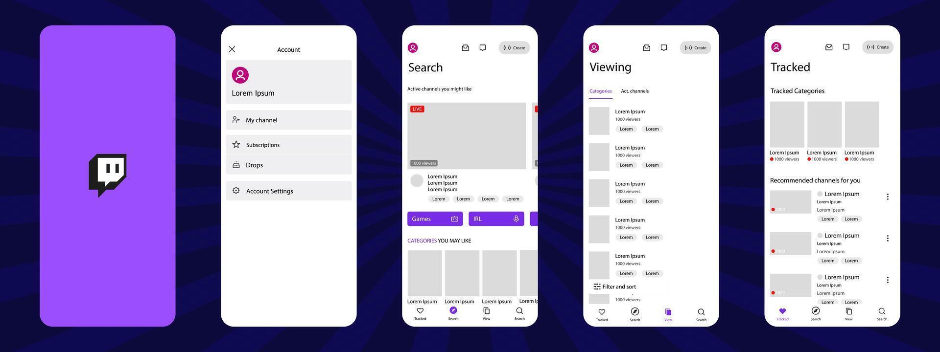 Twitch mobile interface. Twitch screen social media, streaming platform interface template. Homepage, logo, recommendations, subscription, profile. Glassmorphism. Editorial illustration vector