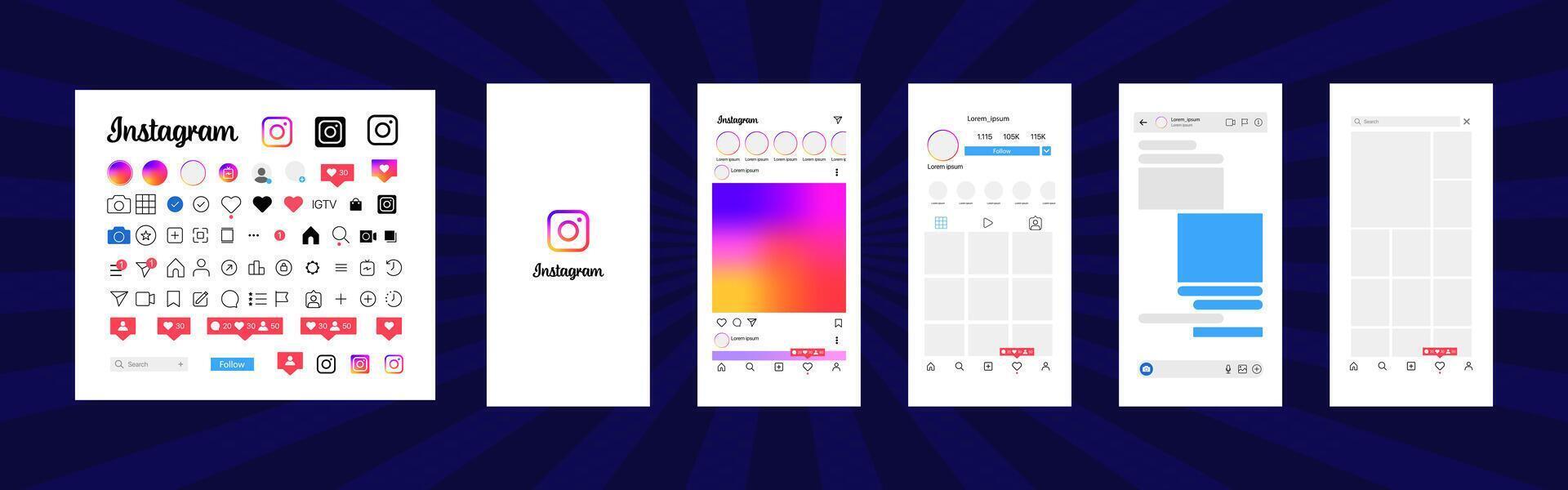 Instagram design. Set instagram screen social media and social network interface template. Instagram photo frame. Stories, liked, stream. Editorial vector. vector