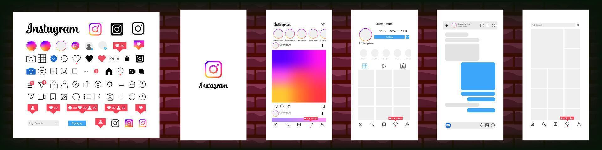 Instagram design. Set instagram screen social media and social network interface template. Instagram photo frame. Stories, liked, stream. Editorial vector. vector