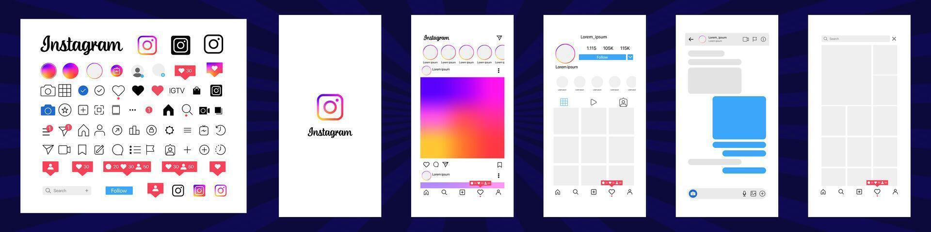 Instagram design. Set instagram screen social media and social network interface template. Instagram photo frame. Stories, liked, stream. Editorial vector. vector