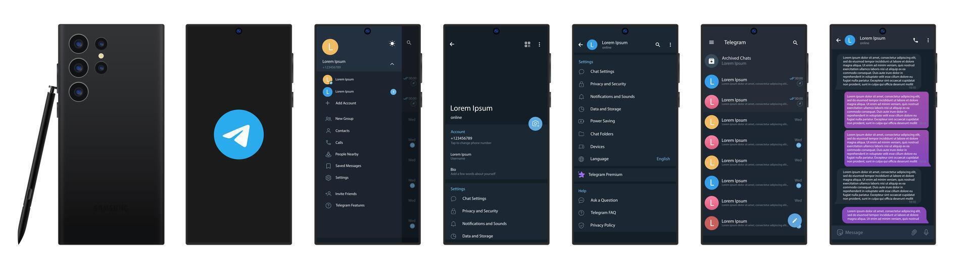 Telegram mockup in Samsung galaxy s23 ultra. Telegram logo. Set telegram screen social media and social network interface template. Dark theme. Telegram button. Vector illustration. Editorial.