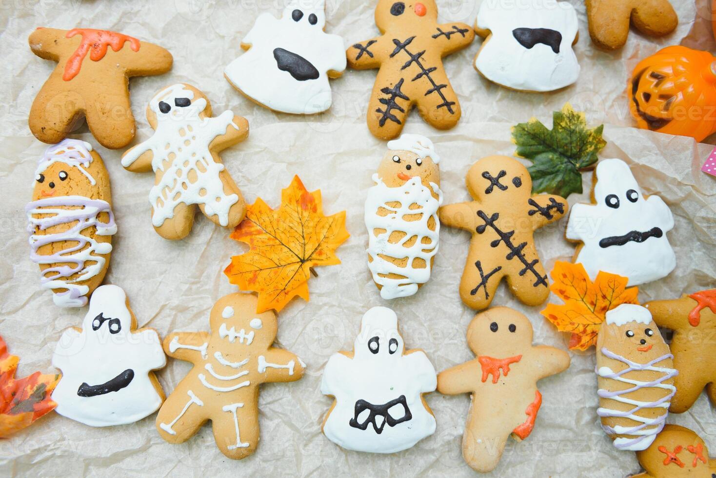 Funny delicious ginger biscuits for Halloween on the table. horizontal view from above photo