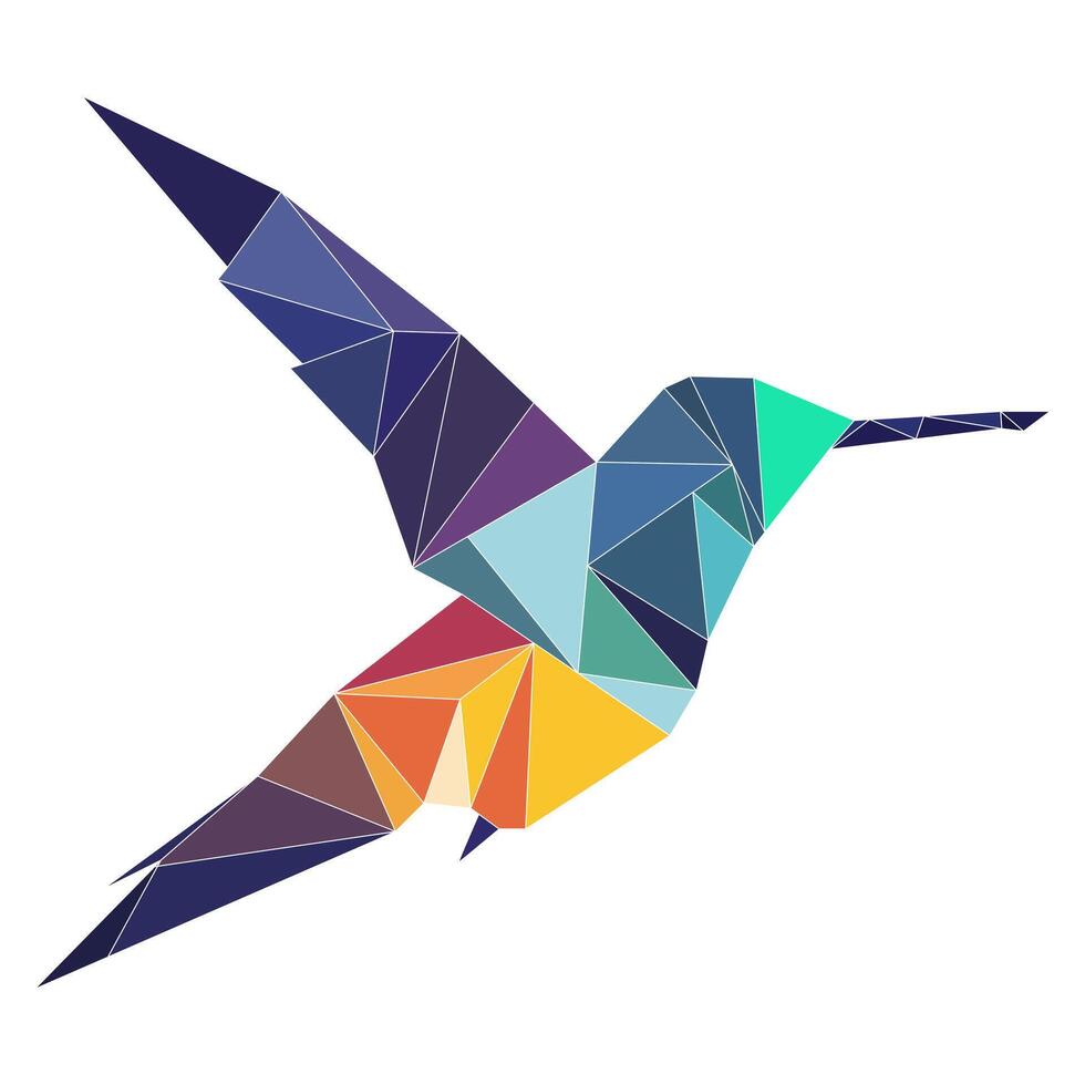 Polygonal bird logo. Mosaic of triangles. Hummingbird logotype. Bird with wings, feathers and beak isolated on a white background. vector