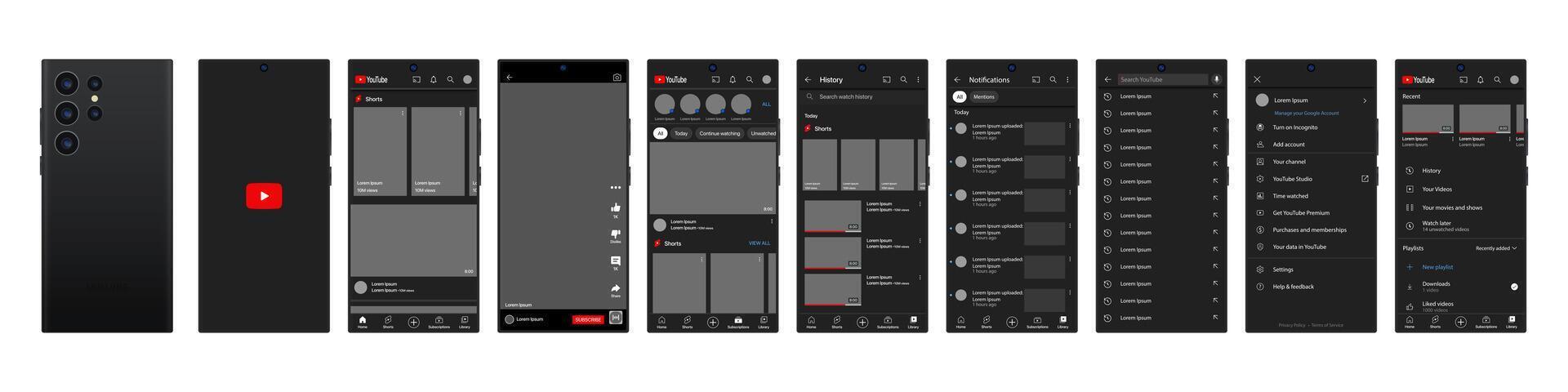 YouTube mobile interface in Samsung galaxy s23 ultra. You Tube screen social media, video hosting interface template. Homepage, logo, recommendations, subscription, profile. Dark theme. Editorial vector