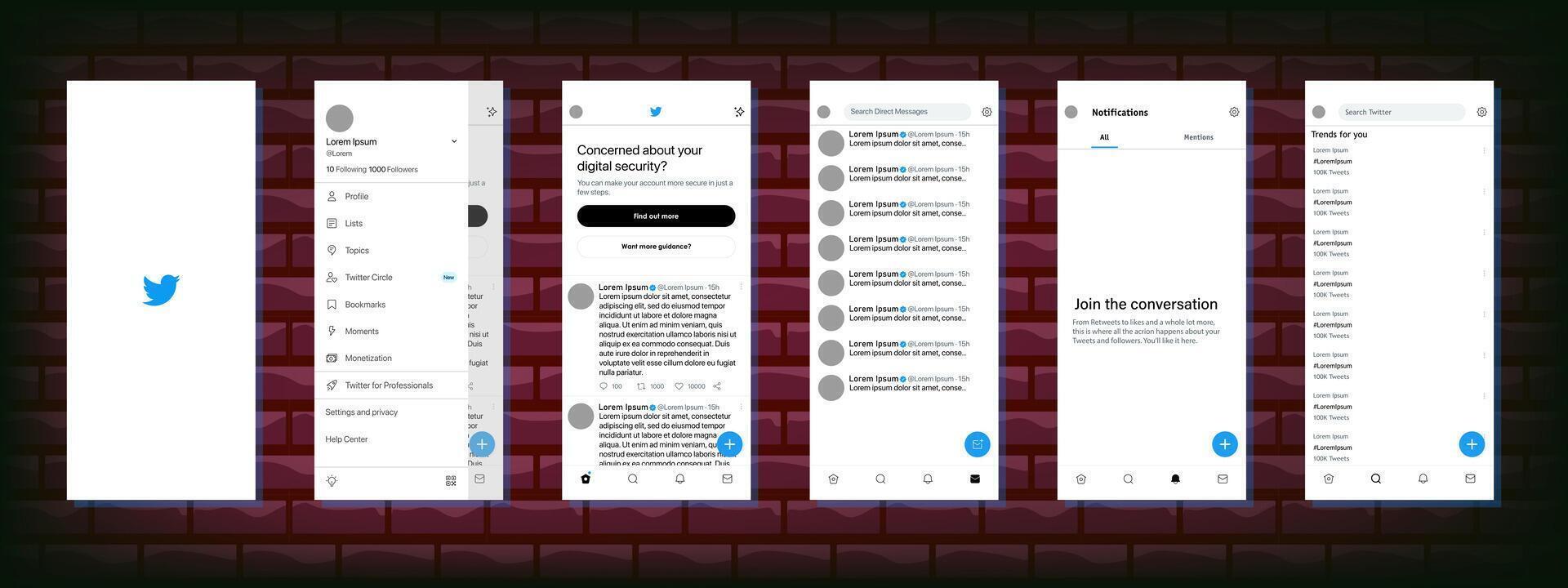 Twitter mobile interface. Twitter screen social media, social network interface template. Homepage, logo, recommendations, subscription, profile. Editorial illustration vector