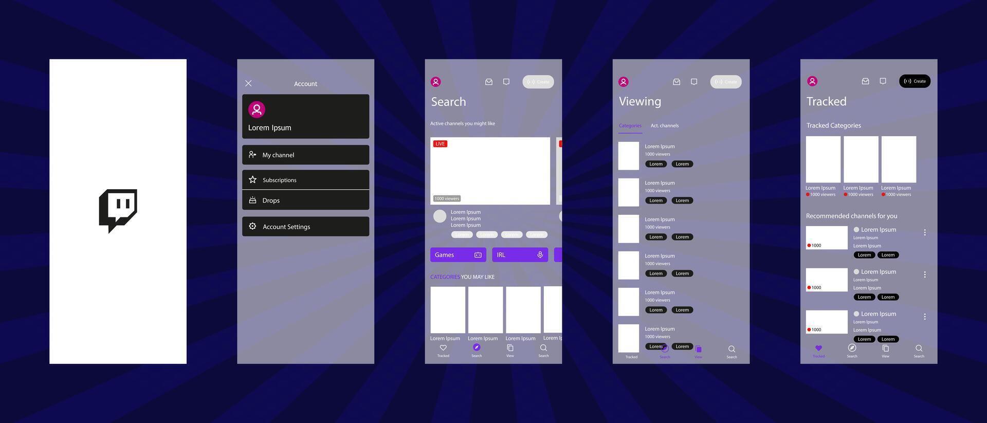 Twitch mobile interface. Twitch screen social media, streaming platform interface template. Homepage, logo, recommendations, subscription, profile. Glassmorphism. Editorial illustration vector