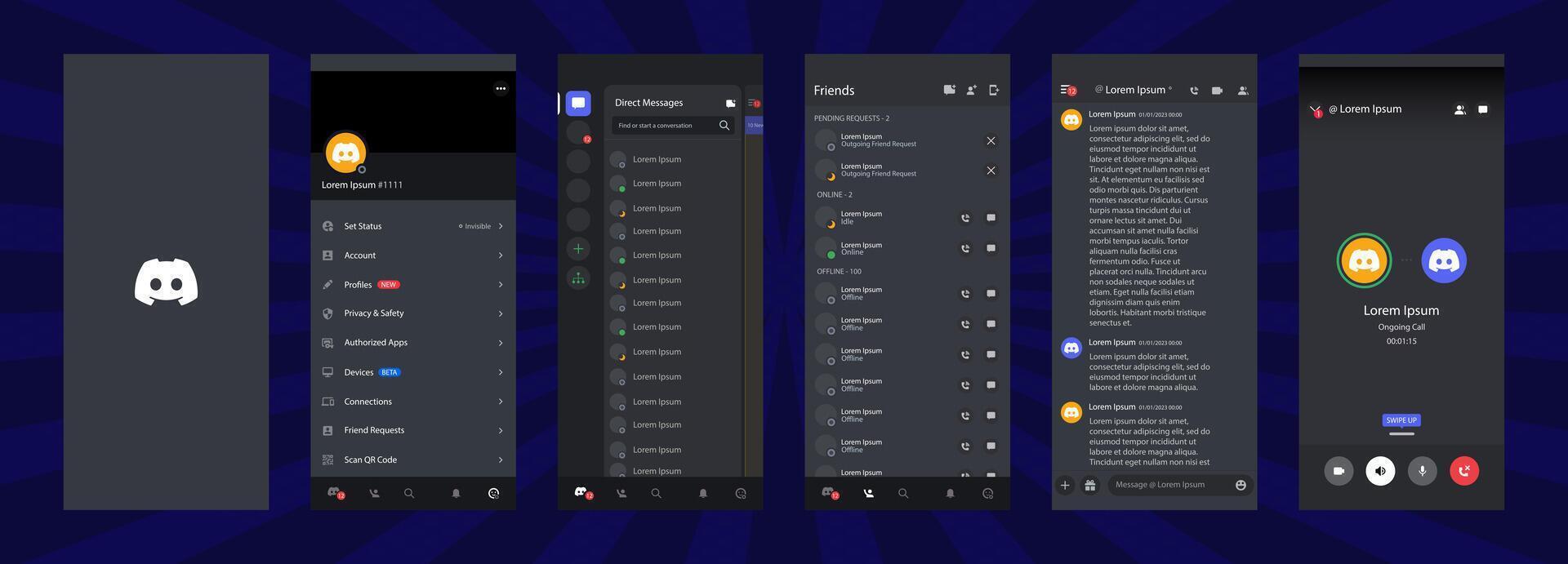 Discord Social media interface. Discord mobile application from Microsoft Corporation on a smartphone. Set social network mockup template. Discord button. Editorial vector