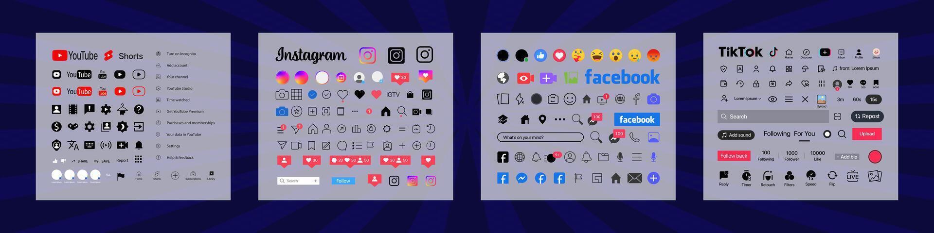 Instagram, Tik Tok, Facebook, YouTube button icon. Set screen social media and social network interface template. Stories button, symbol, sign logo. Glassmorphism. Editorial vector