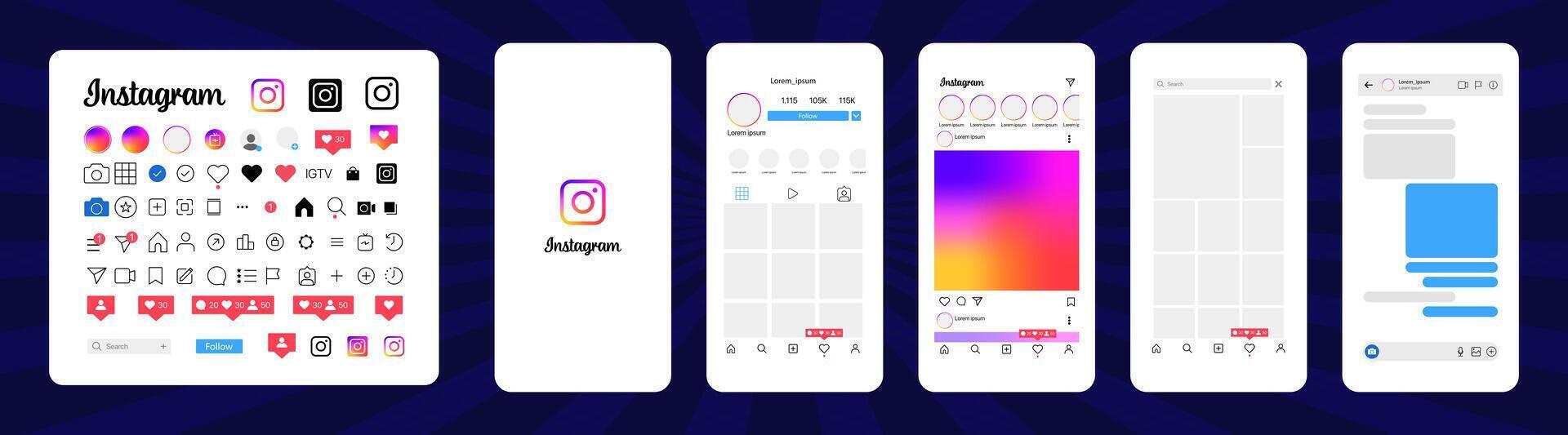 Instagram design. Set instagram screen social media and social network interface template. Instagram photo frame. Stories, liked, stream. Editorial vector. vector