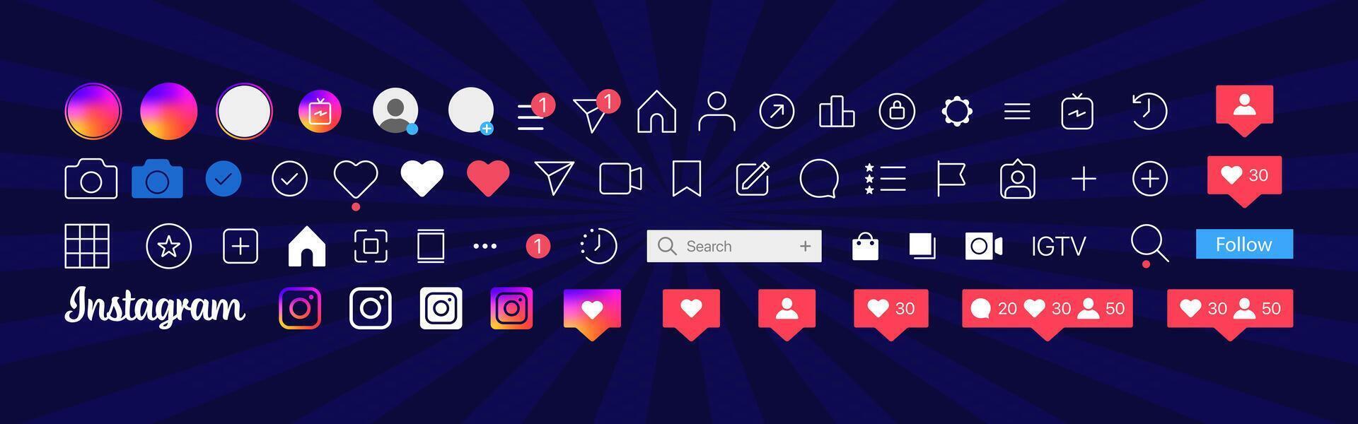 Instagram button icon. Set instagram screen social media and social network interface template. Stories user button, symbol, sign logo. Stories, liked, stream. Editorial vector illustration