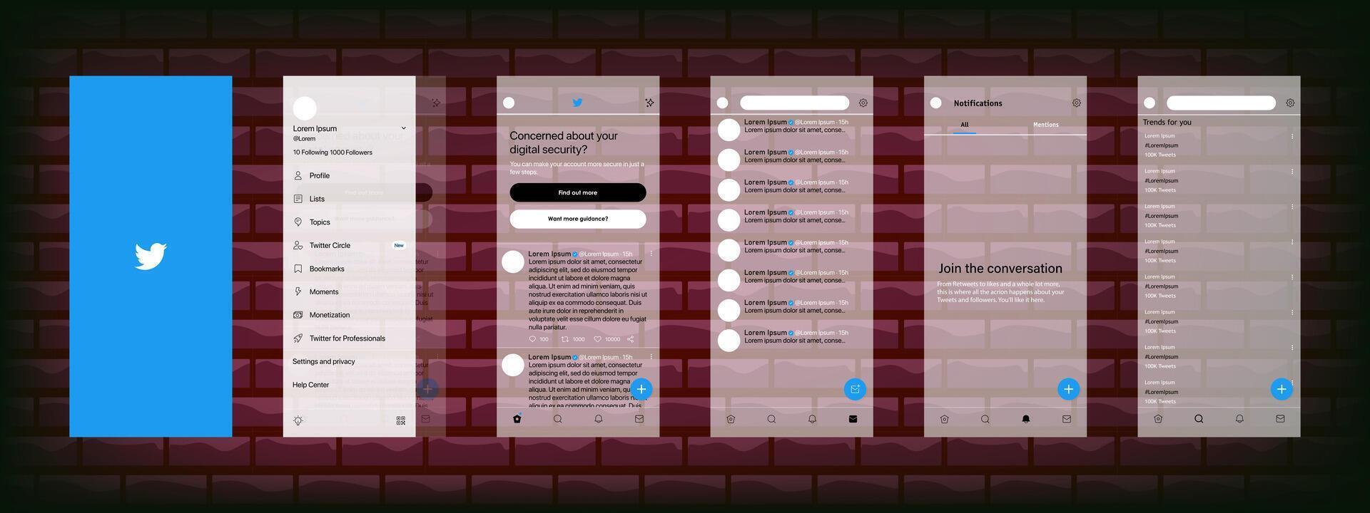 Twitter mobile interface. Twitter screen social media, social network interface template. Homepage, logo, recommendations, subscription, profile. Glassmorphism. Editorial illustration vector