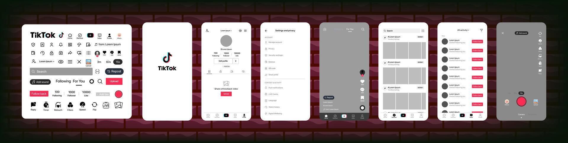 Tik Tok design. Set Tik Tok screen social media and social network interface template. Homepage, recommendations, subscriptions. Tik Tok photo frame. Stories, liked, stream. Editorial illustration vector