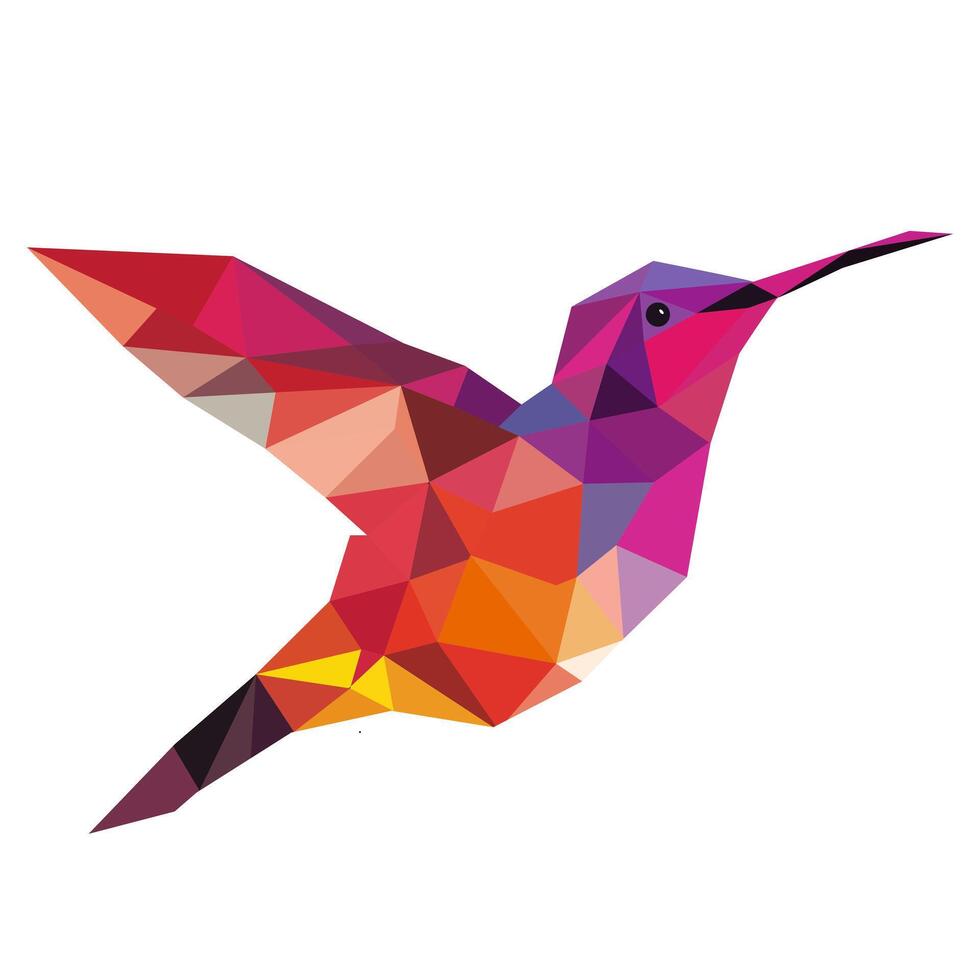 Polygonal bird logo. Mosaic of triangles. Hummingbird logotype. Bird with wings, feathers and beak isolated on a white background. vector