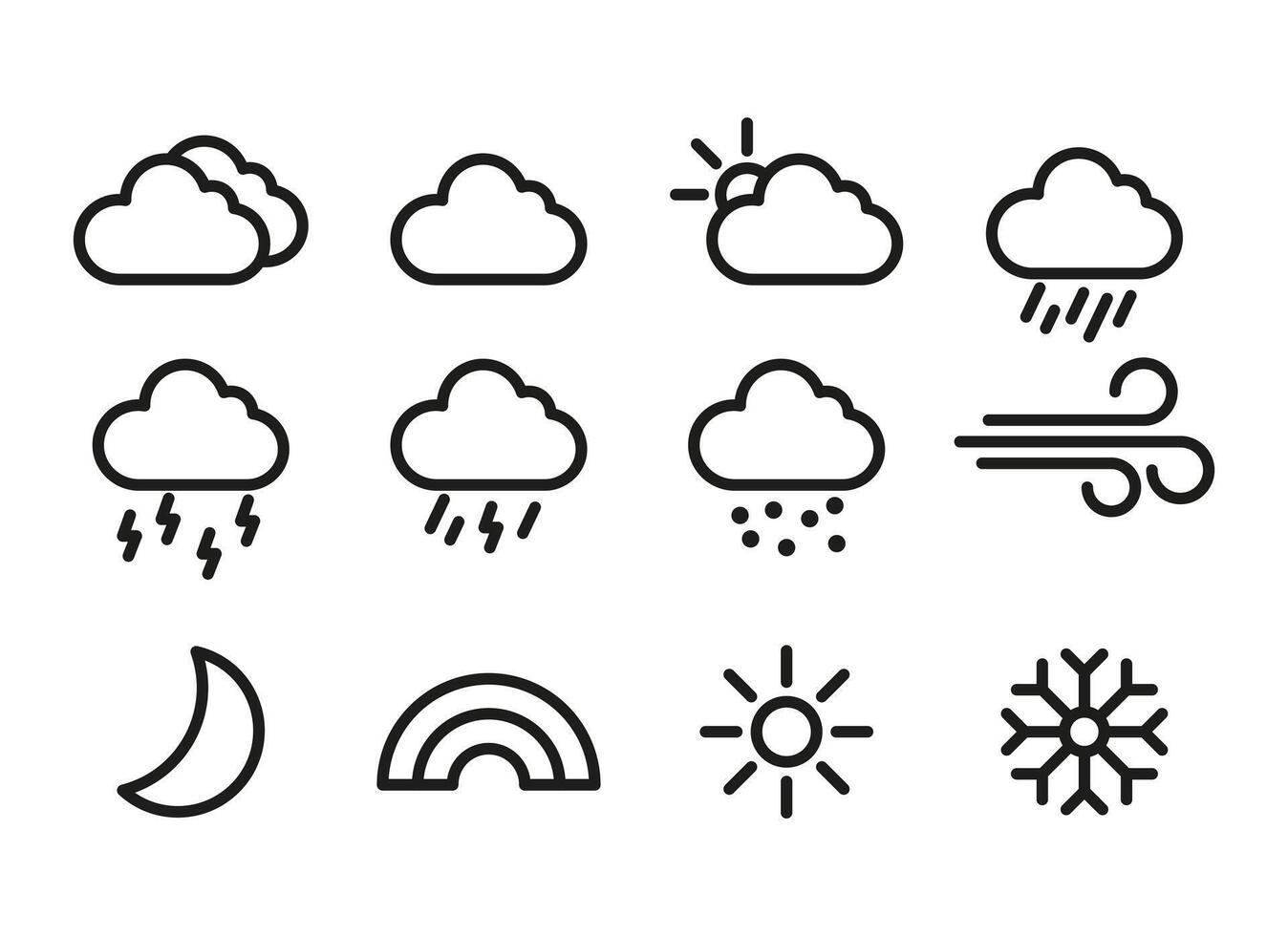 Explore a variety of weather-related vector illustrations capturing different atmospheric conditions and elements, including sunny days, cloudy skies, rain.