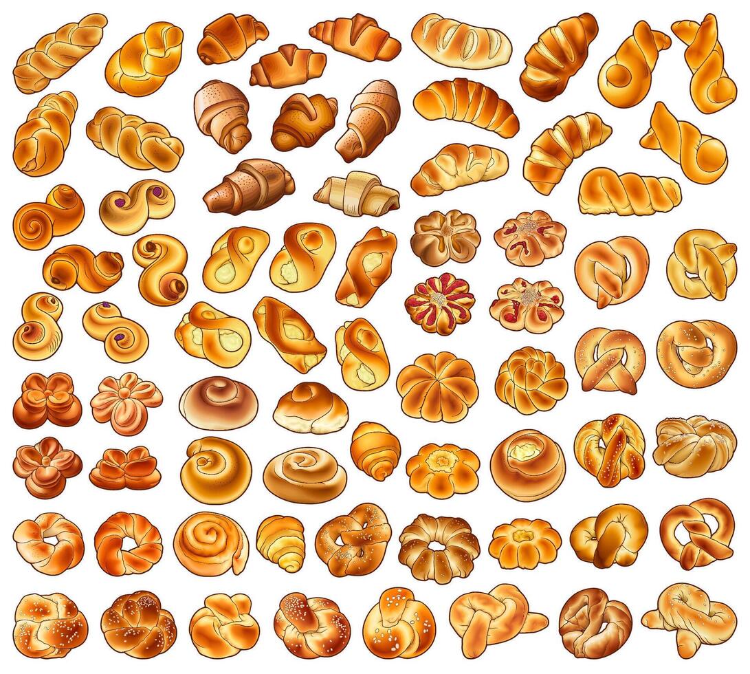 Bakery objects and elements cartoon set. Buns and pastries hand drawn doodle collection. Vector background.