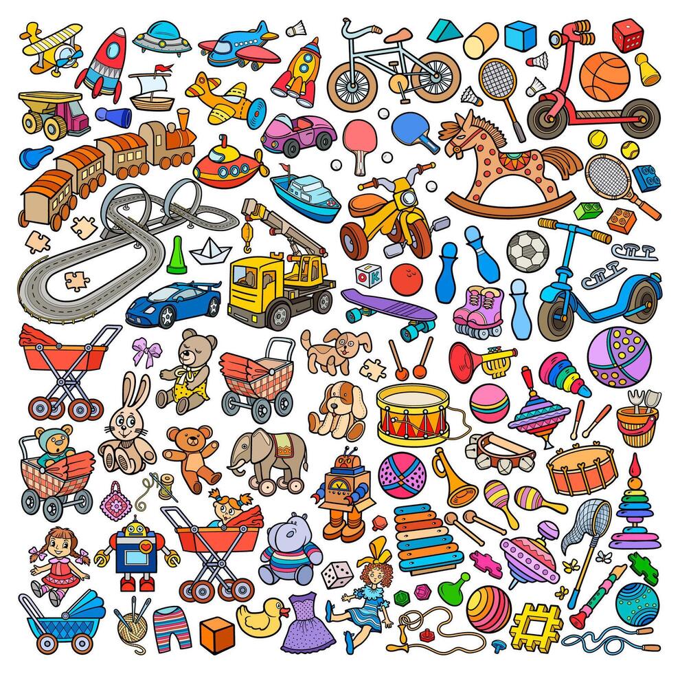 Cartoon cute doodles hand drawn kids toys objects set. Funny artwork. vector