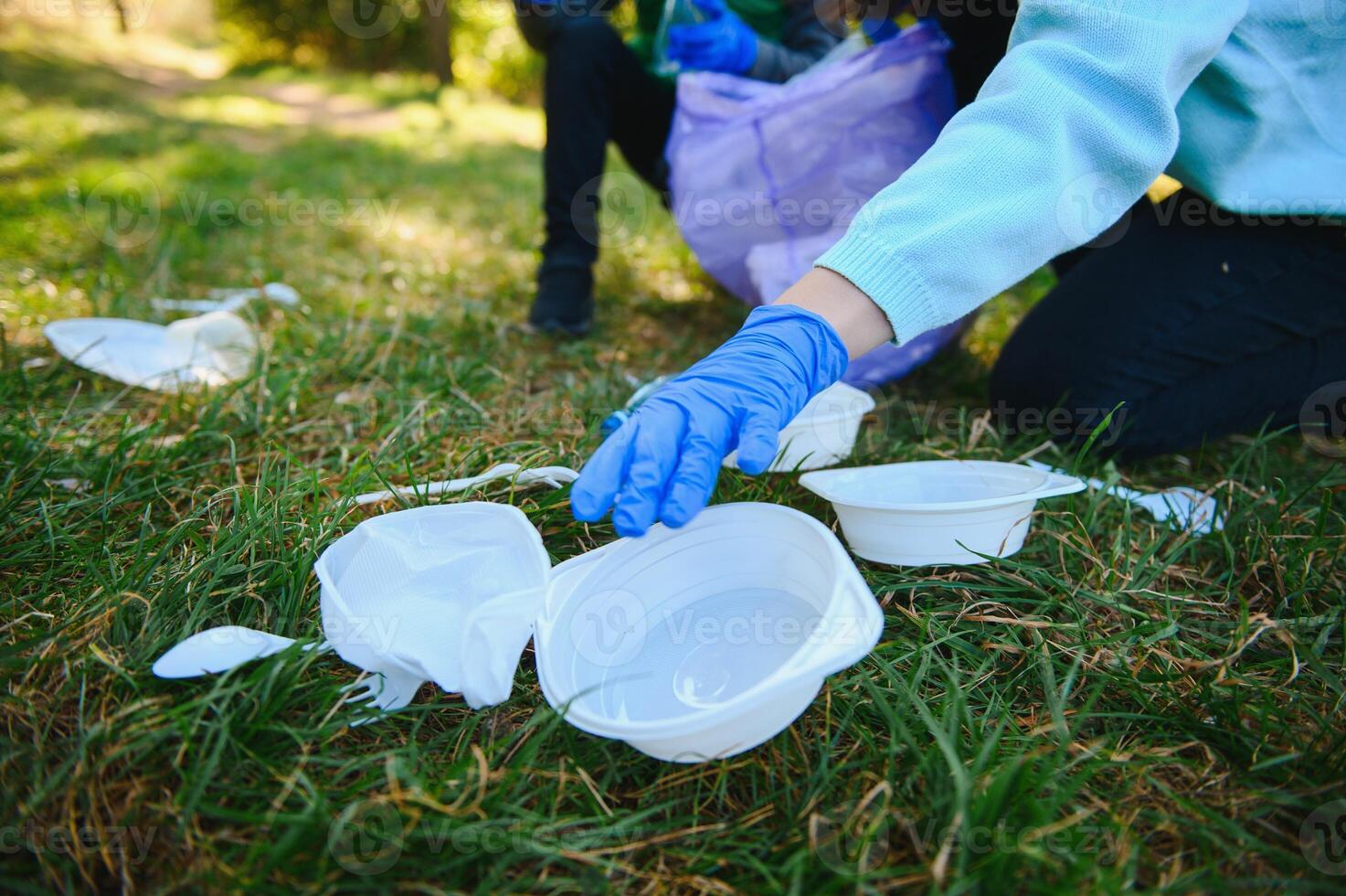 hand puts plastic debris in the garbage bag in the park photo