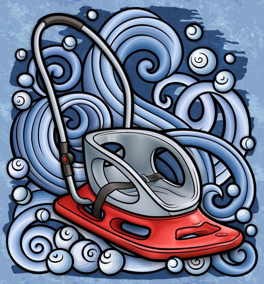 Cartoon cute doodle hand drawn sled illustration. vector