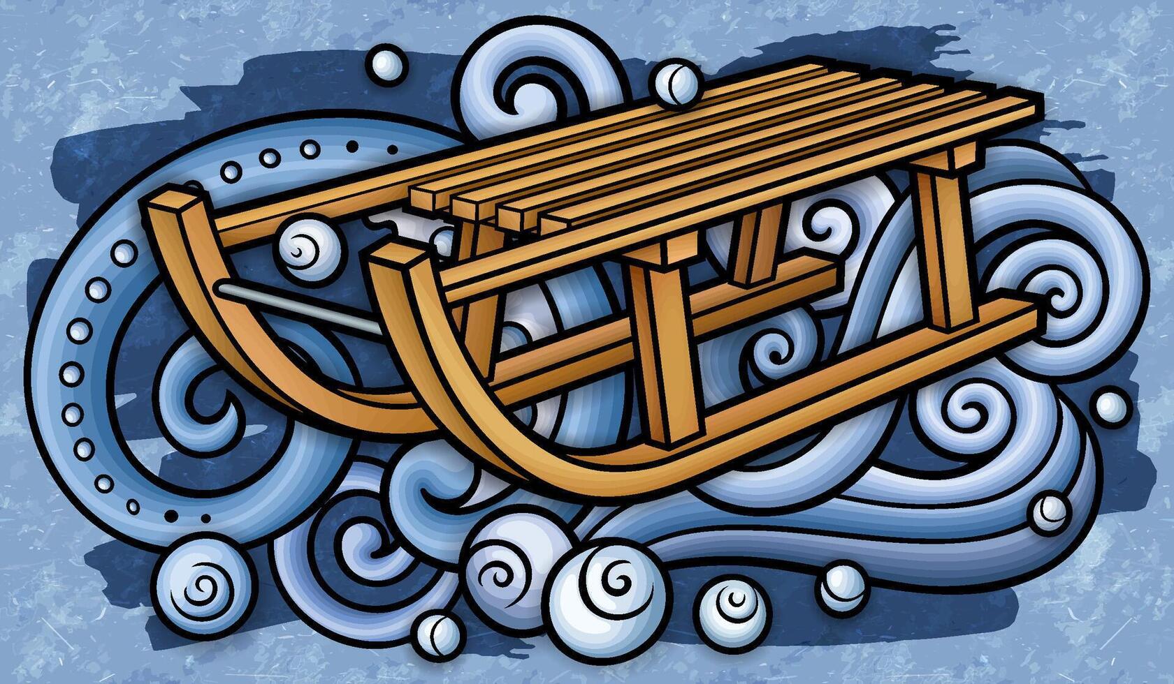 Cartoon cute doodle hand drawn sled illustration. vector