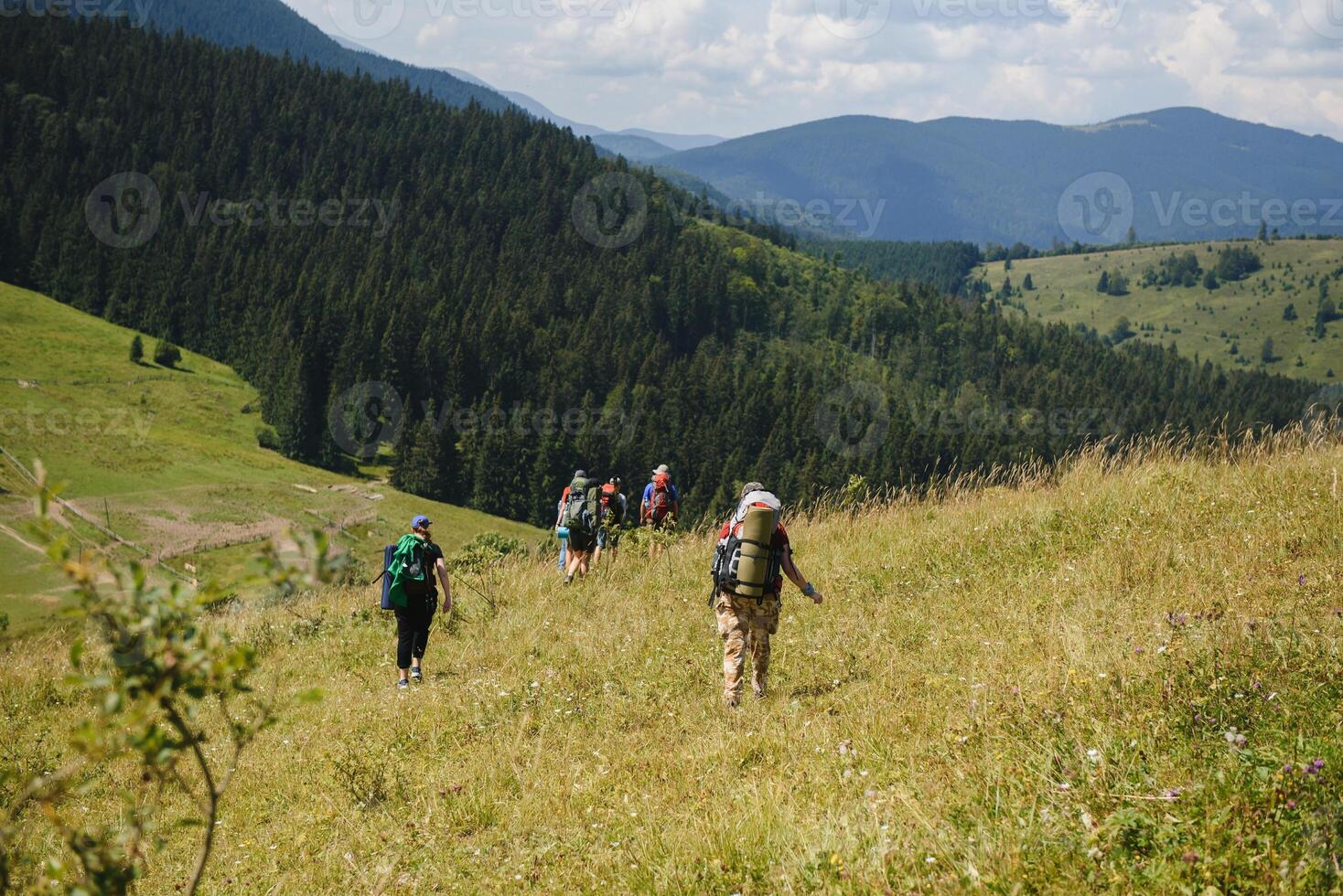 Hiking team in the mountains. travel sport lifestyle concept photo