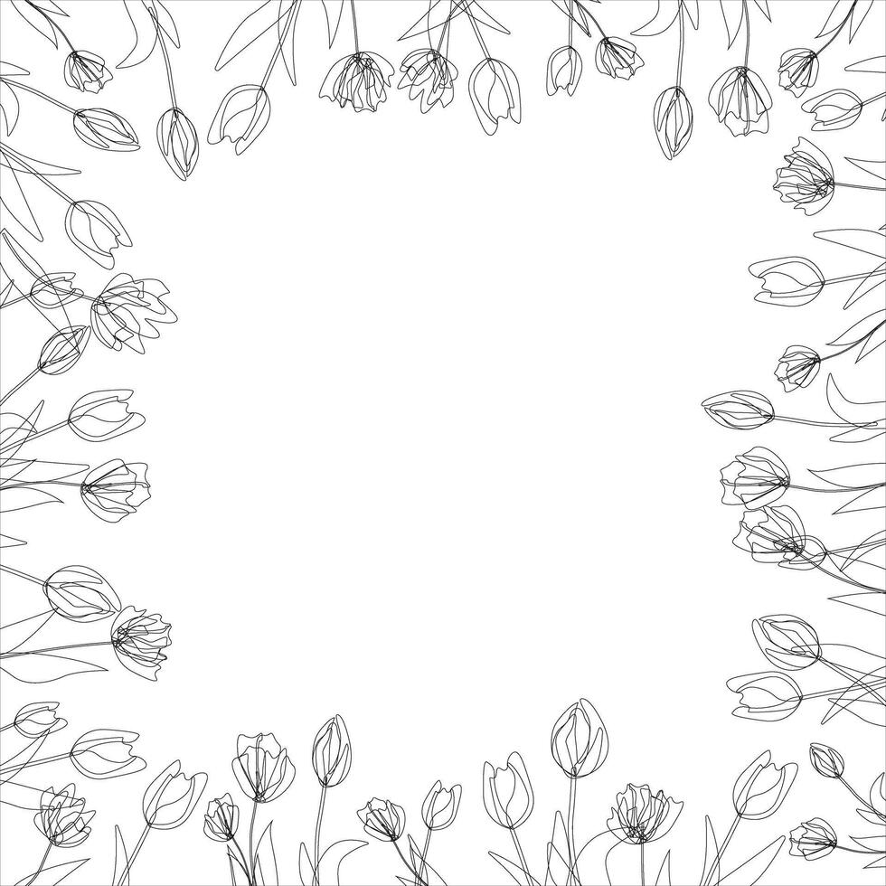 Vector square frame, wreath from outline tulips. Spring flowers. Hand drawn doodle. Background, border, decoration.