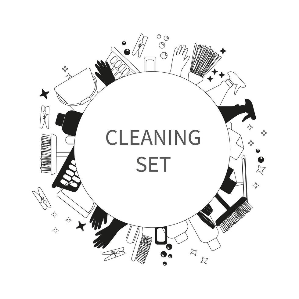 Set of icons for cleaning tools. House cleaning staff. Flat design style. Cleaning design elements arranged in a circle. vector