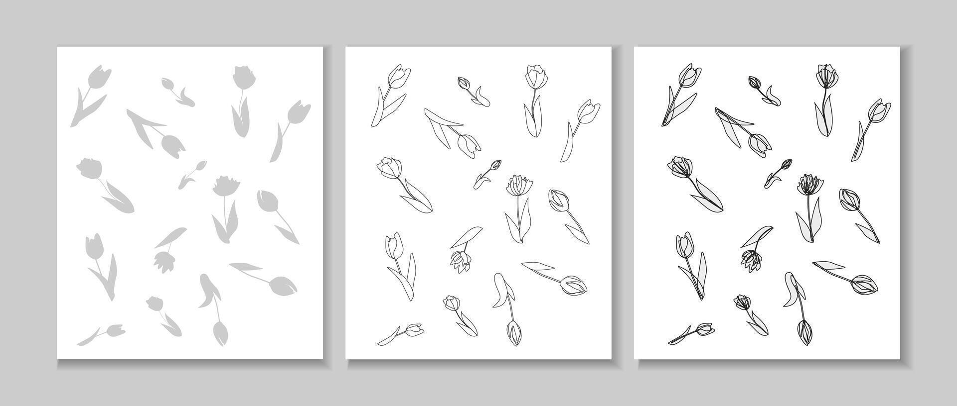 Set of floral templates with outline flowers. Tulips patterns. For design, announcements, greeting and invitation cards. vector