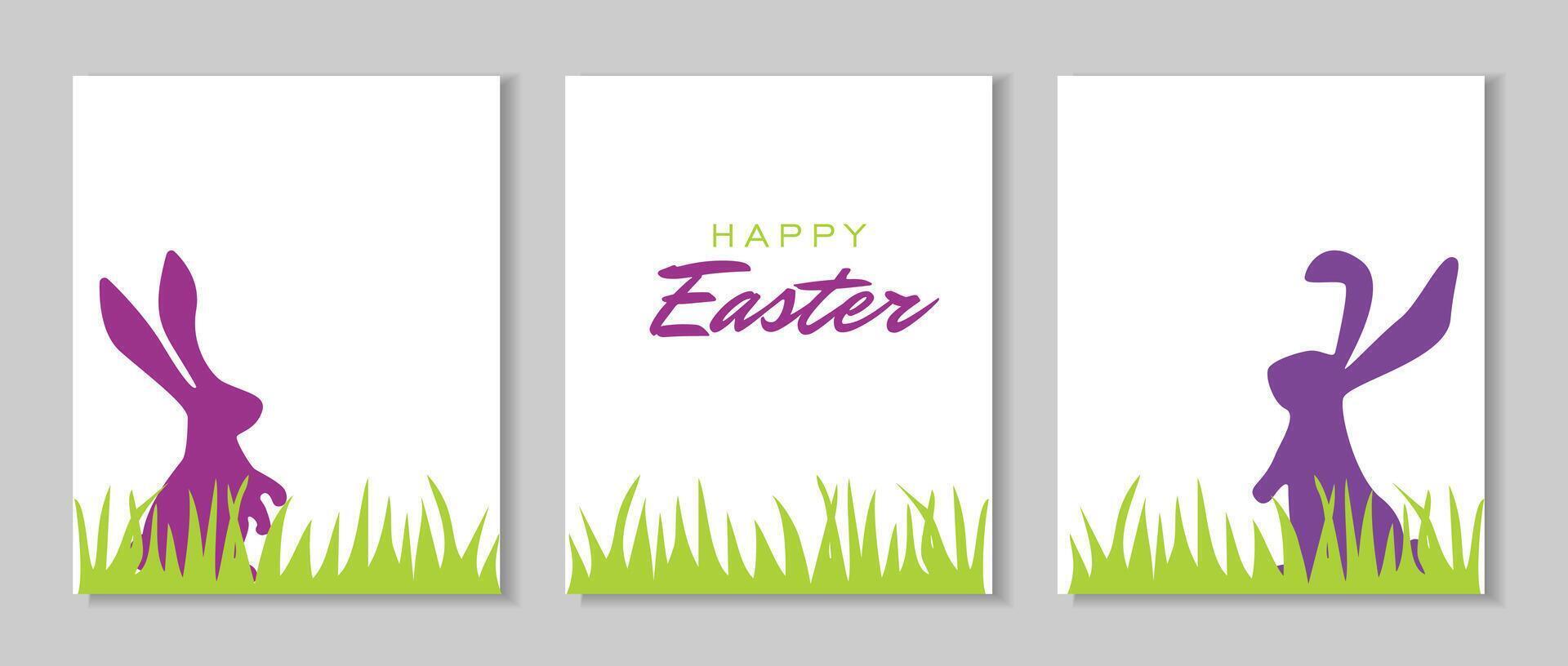 Set of Easter banners, greeting cards, posters, covers. Minimalistic card with rabbit. Easter rabbits in grass. vector