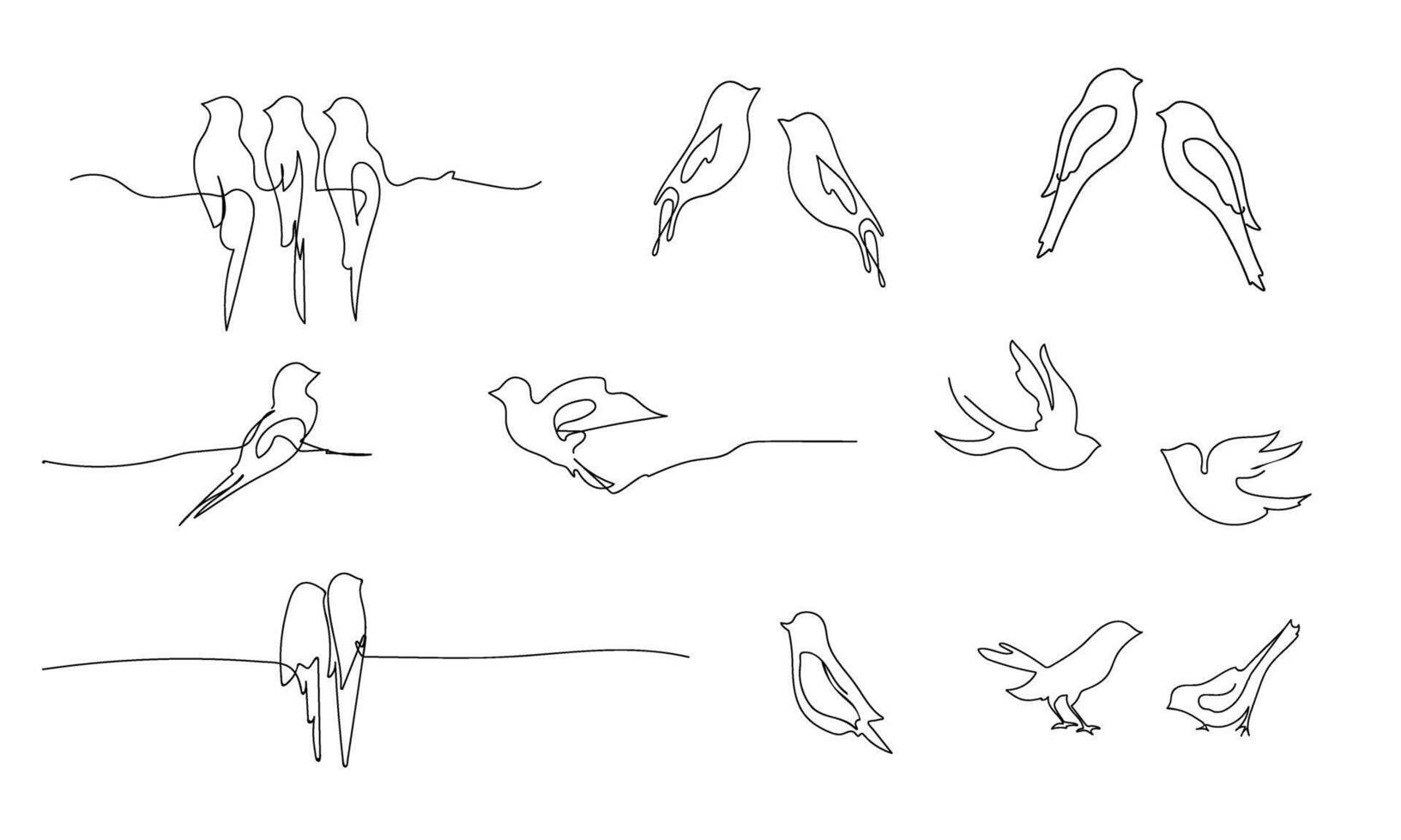 Birds continuous line drawing elements set isolated on white background. Vector illustration.