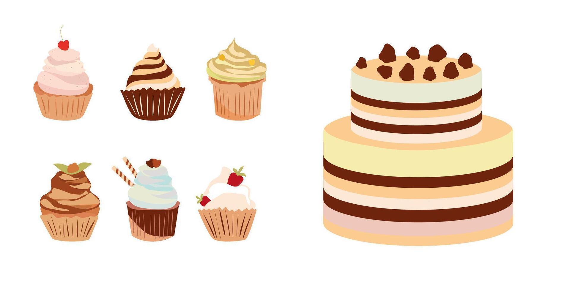 Cupcakes and cake vector set. Holiday cooking icons in a flat style for anniversaries, weddings, birthdays, parties. Sweet pastries, muffin, cupcake