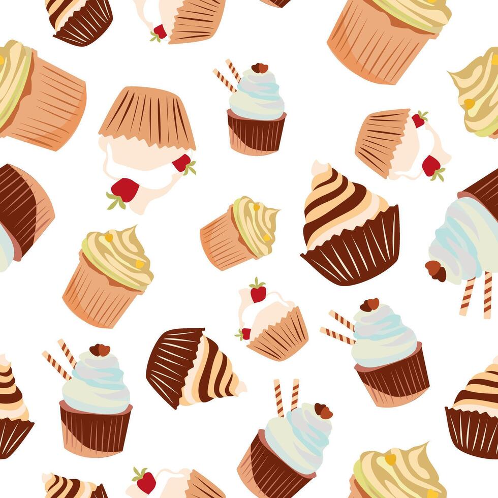 Seamless vector pattern with pastel pink cupcakes.