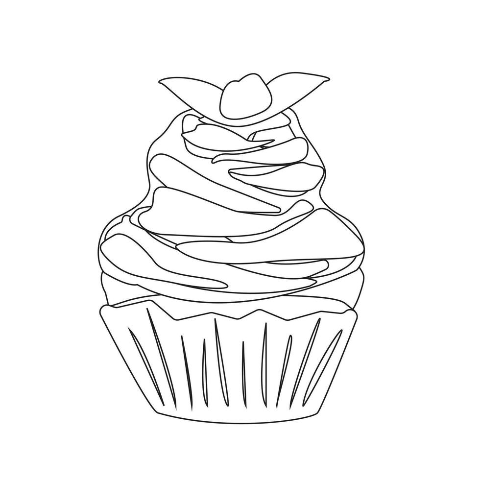 Cake with whipped cream. Doodle style. Vector black and white illustration. Muffin with whipped cream.