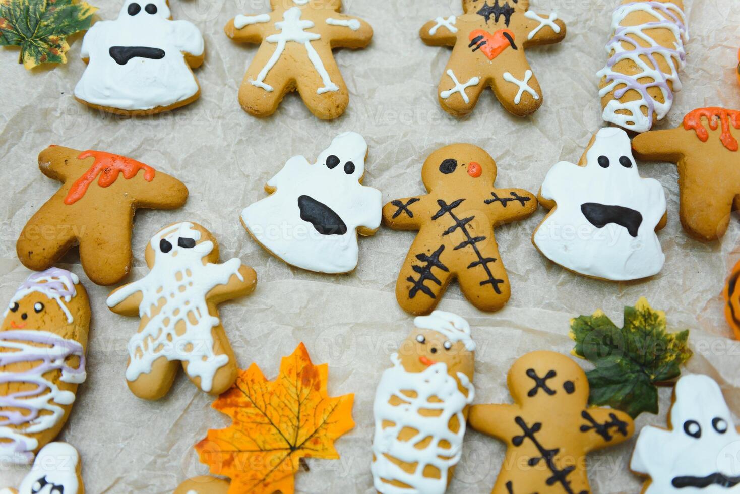 Funny delicious ginger biscuits for Halloween on the table. horizontal view from above photo