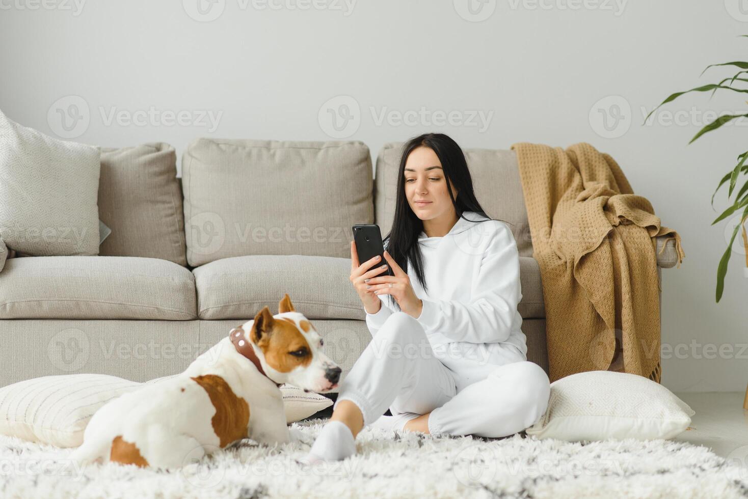 Portrait of beautiful young woman with her dog using mobile phone at home photo