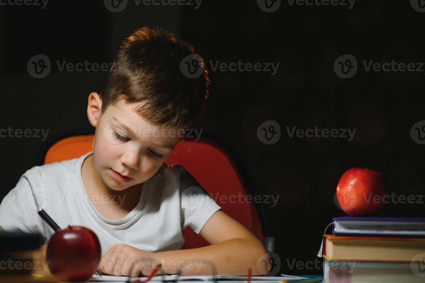 boy doing homework at home in evening photo