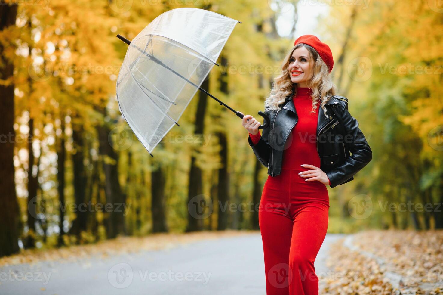 Beautiful girl with umbrella at autumn park. photo