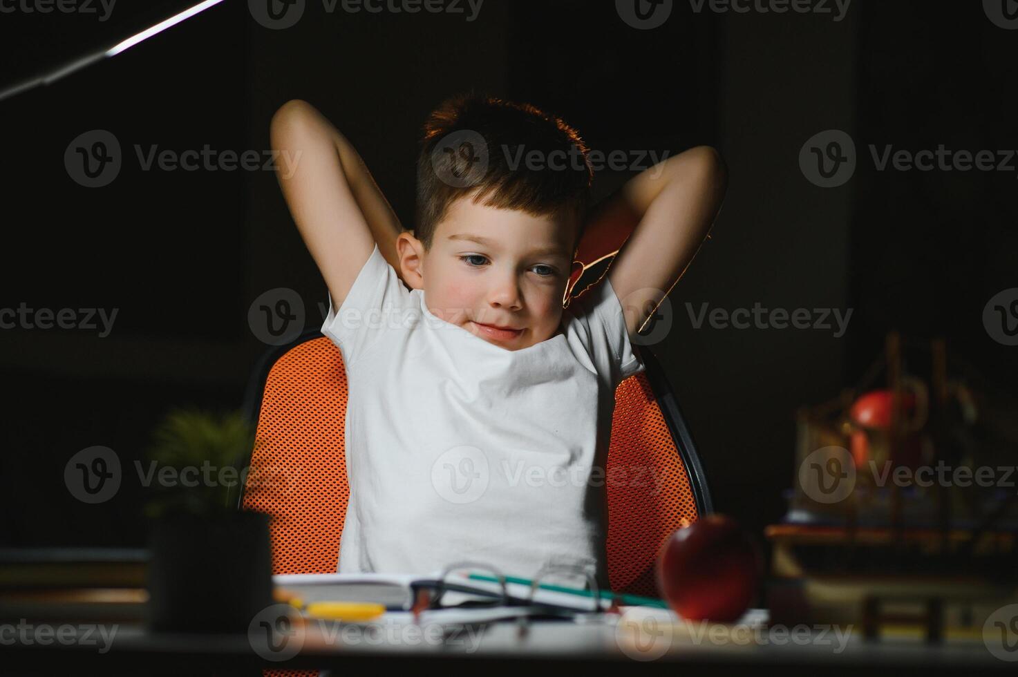 Boy learn lessons in the home setting at the table in the light of a table lamp. photo