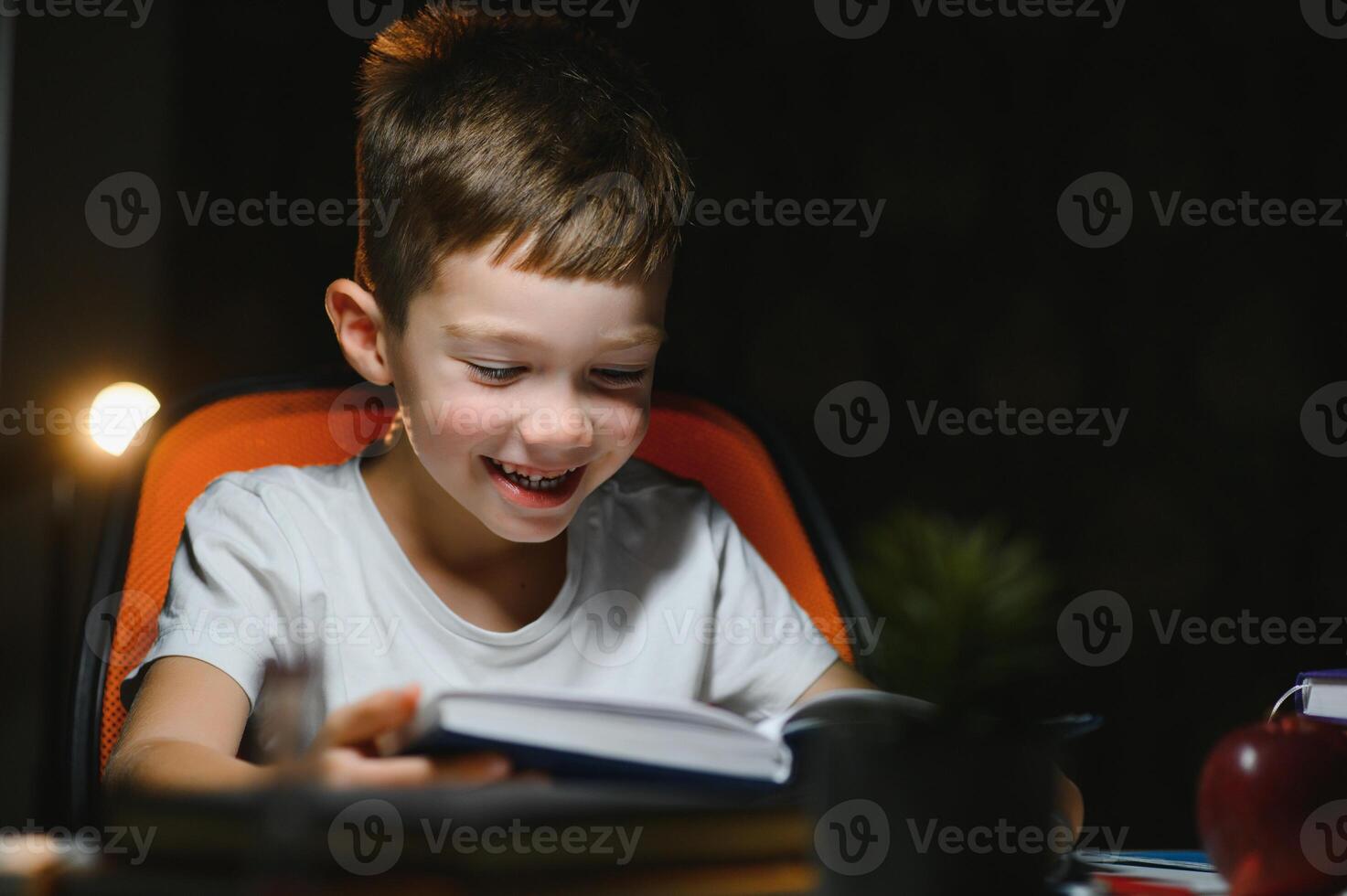 boy doing homework at home in evening photo