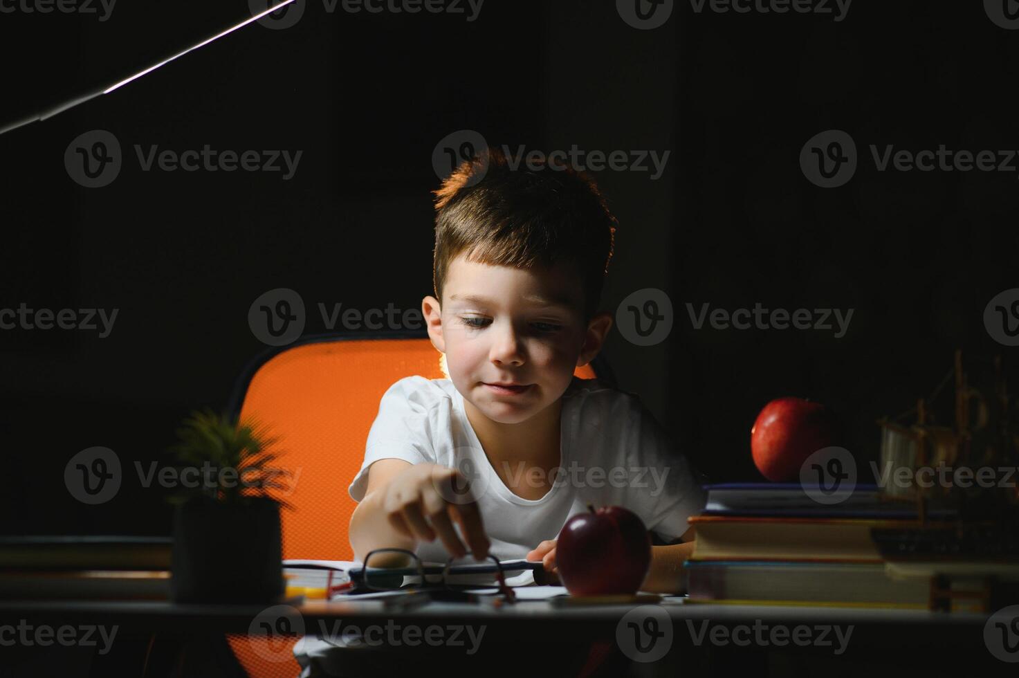 Boy learn lessons in the home setting at the table in the light of a table lamp. photo