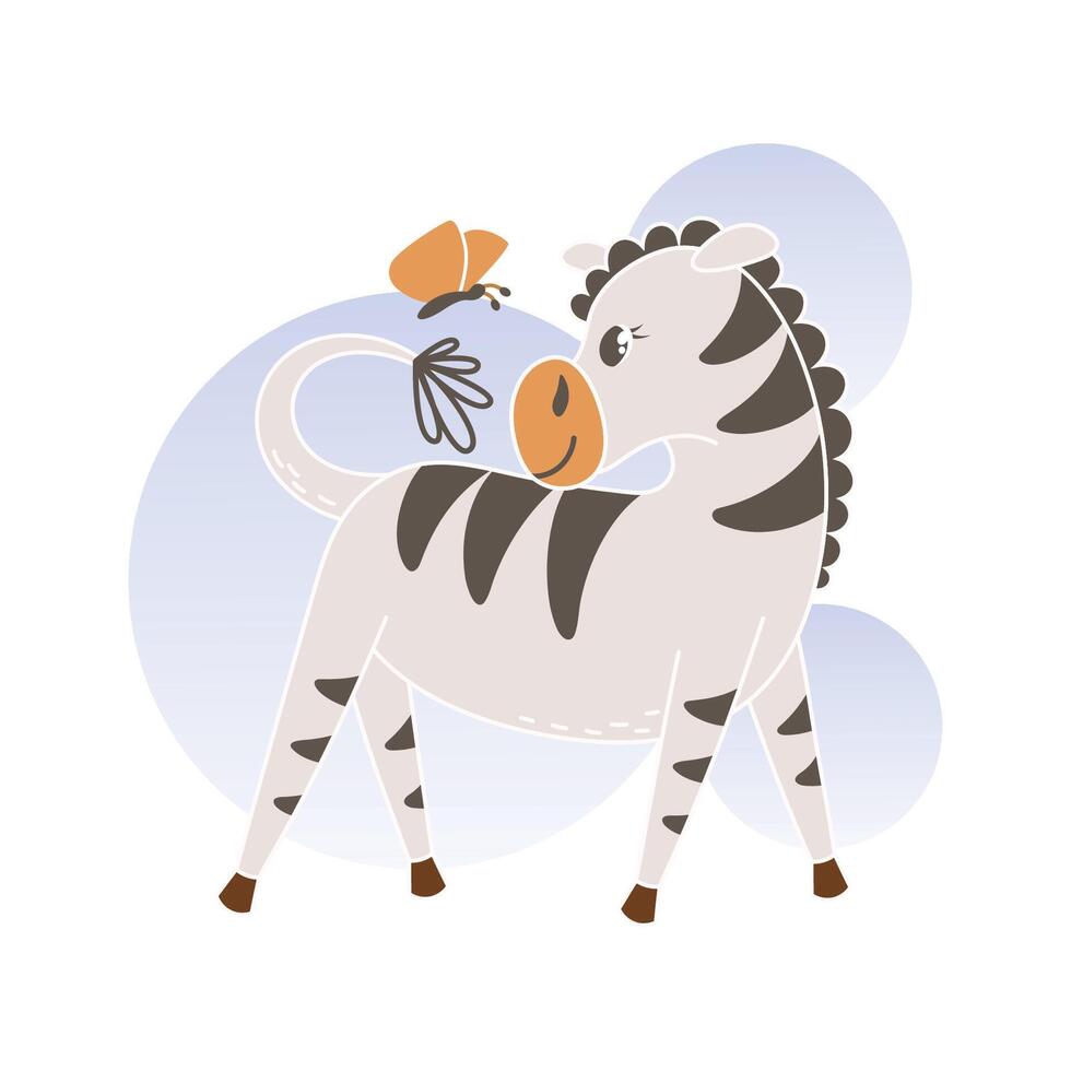 Cute happy zebra smiling. Cartoon african animal playing with butterflies vector