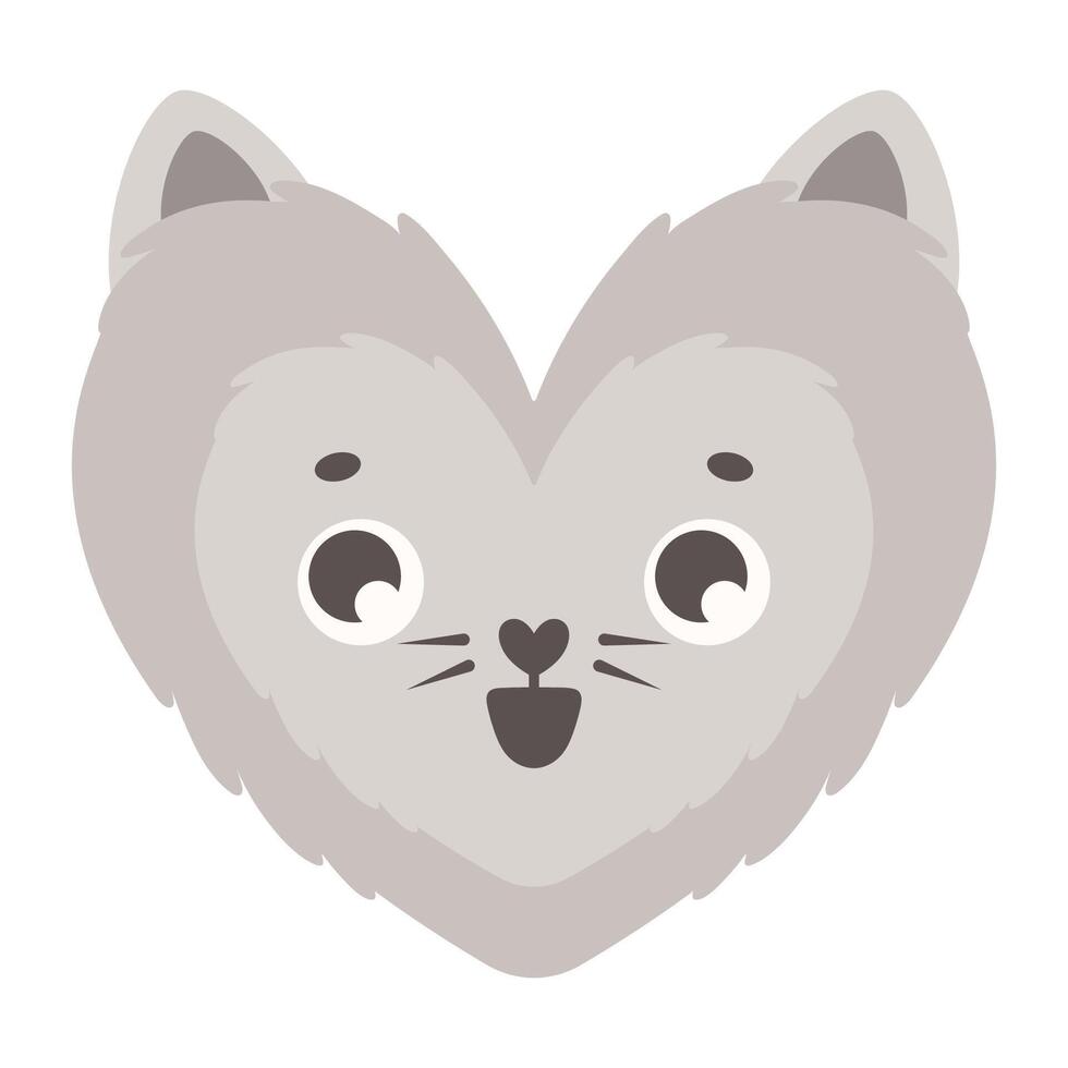 Funny fluffy cat head in the shape of a heart. Animal face. Kawaii kitten in love vector