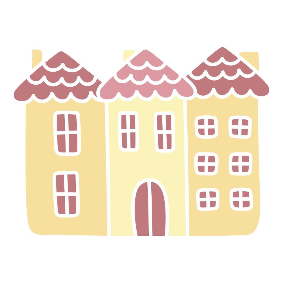 Cute yellow house. Simple hand drawn vector illustration. Cartoon flat kawaii townhouse. Doodle art. Clipart isolated on white background. Graphic element for design of children products.