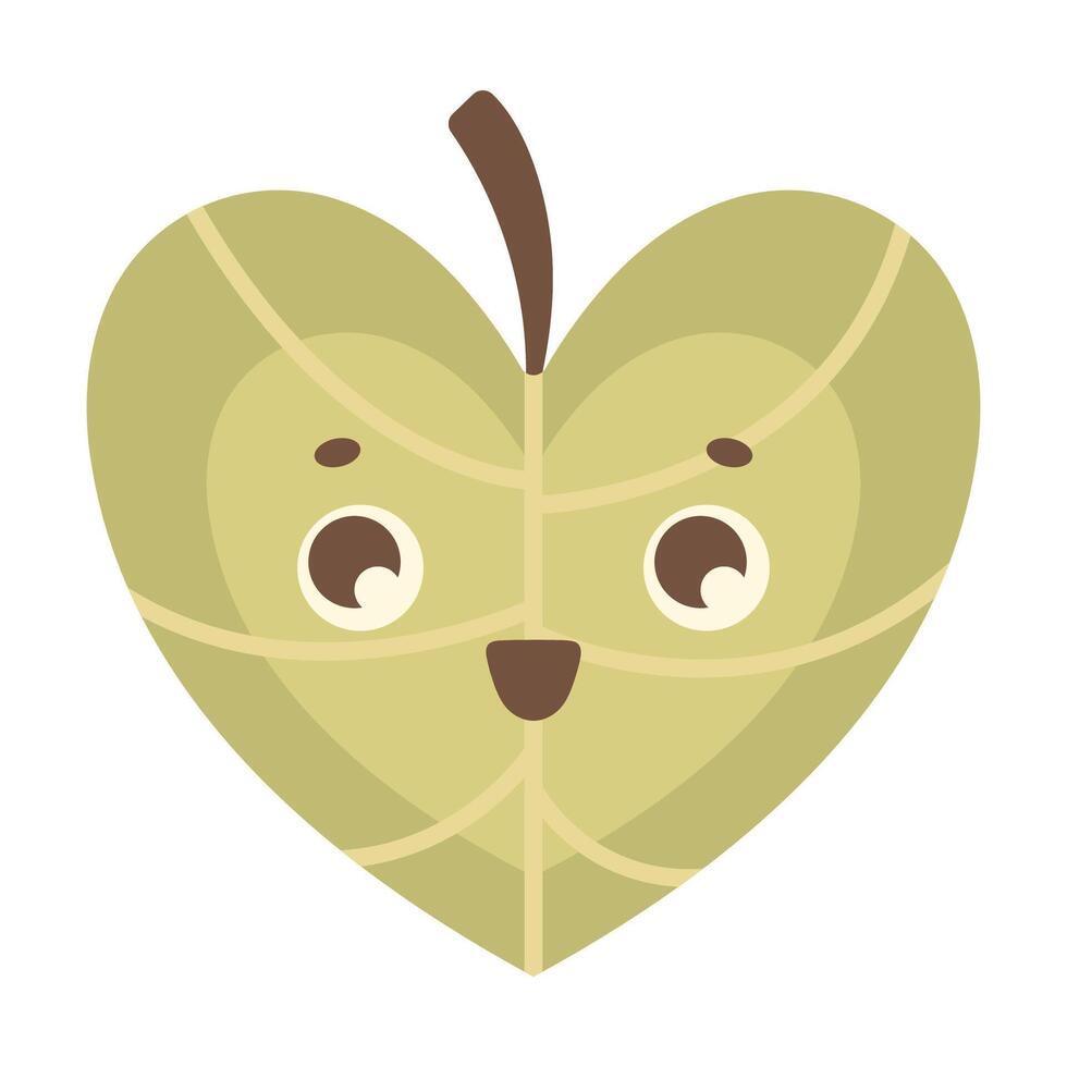 A cute green leaf in the shape of a heart. Funny character vector