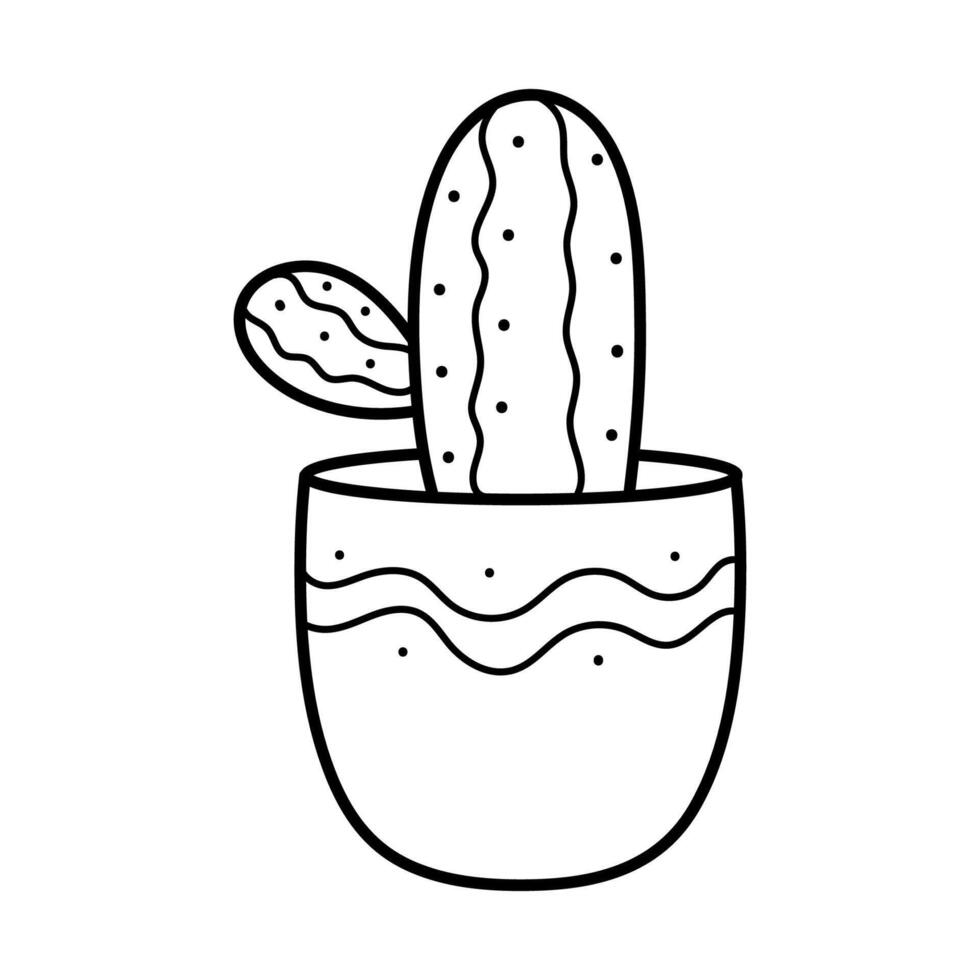 Beautiful linear cactus in a pot. House plant in doodle style. Simple clipart vector