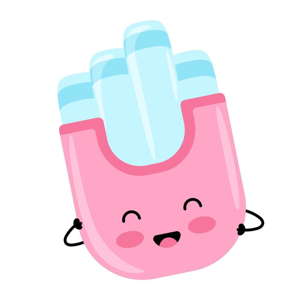 Menstrual gynecological tampon in a case. Women's intimate hygiene item. Happy kawaii character. vector