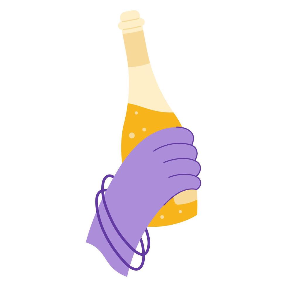 Female hand with a bottle of champagne. Alcohol abuse addiction illustration. Mental health problems. Flat hand drawn icon. vector