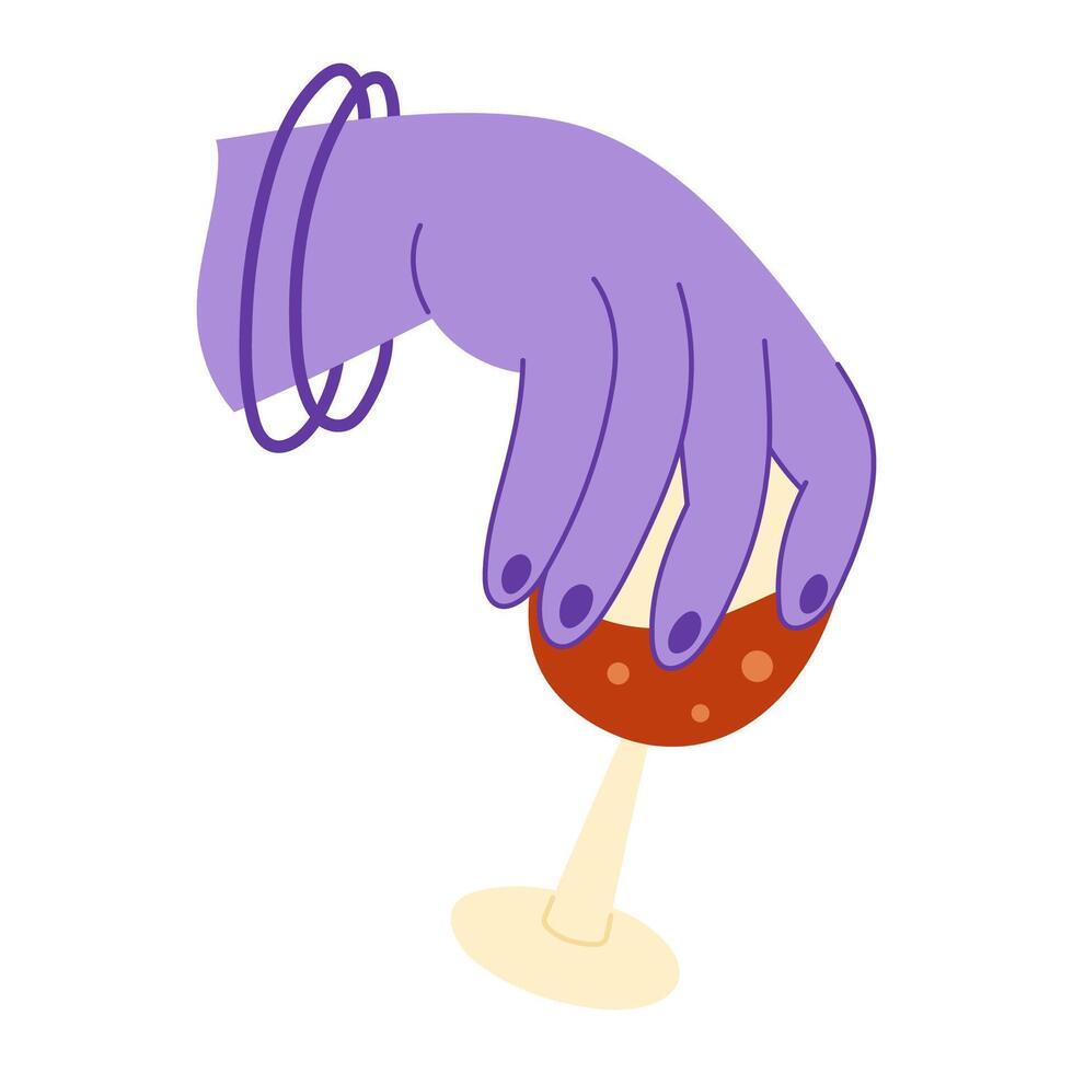 Female hand with a glass of wine. Alcohol abuse addiction illustration. Mental health problems. Flat hand drawn icon. vector