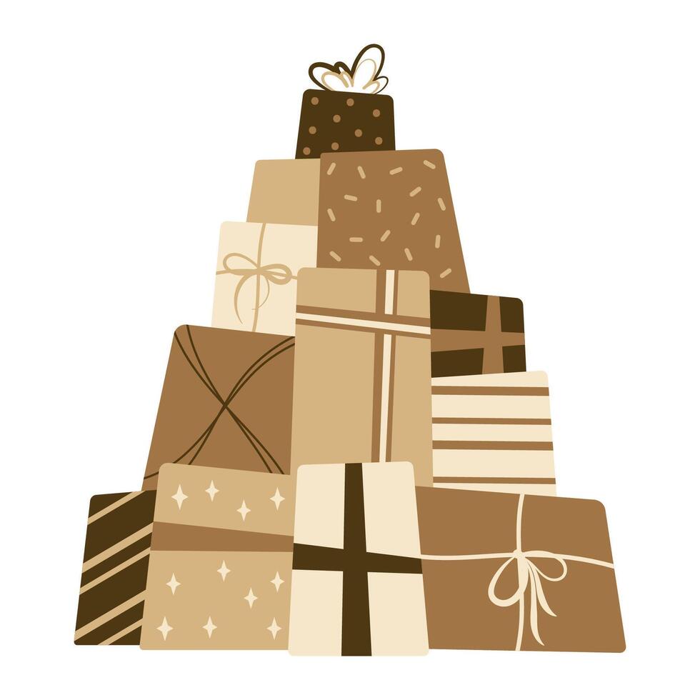 Mountain of craft gift boxes in the shape of a Christmas tree. Flat design element. vector